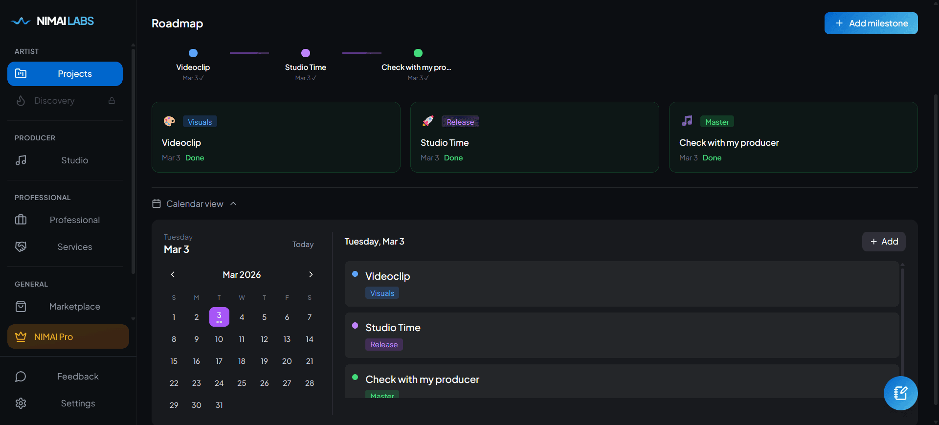 NIMAI Labs time horizon showing release timeline and milestones