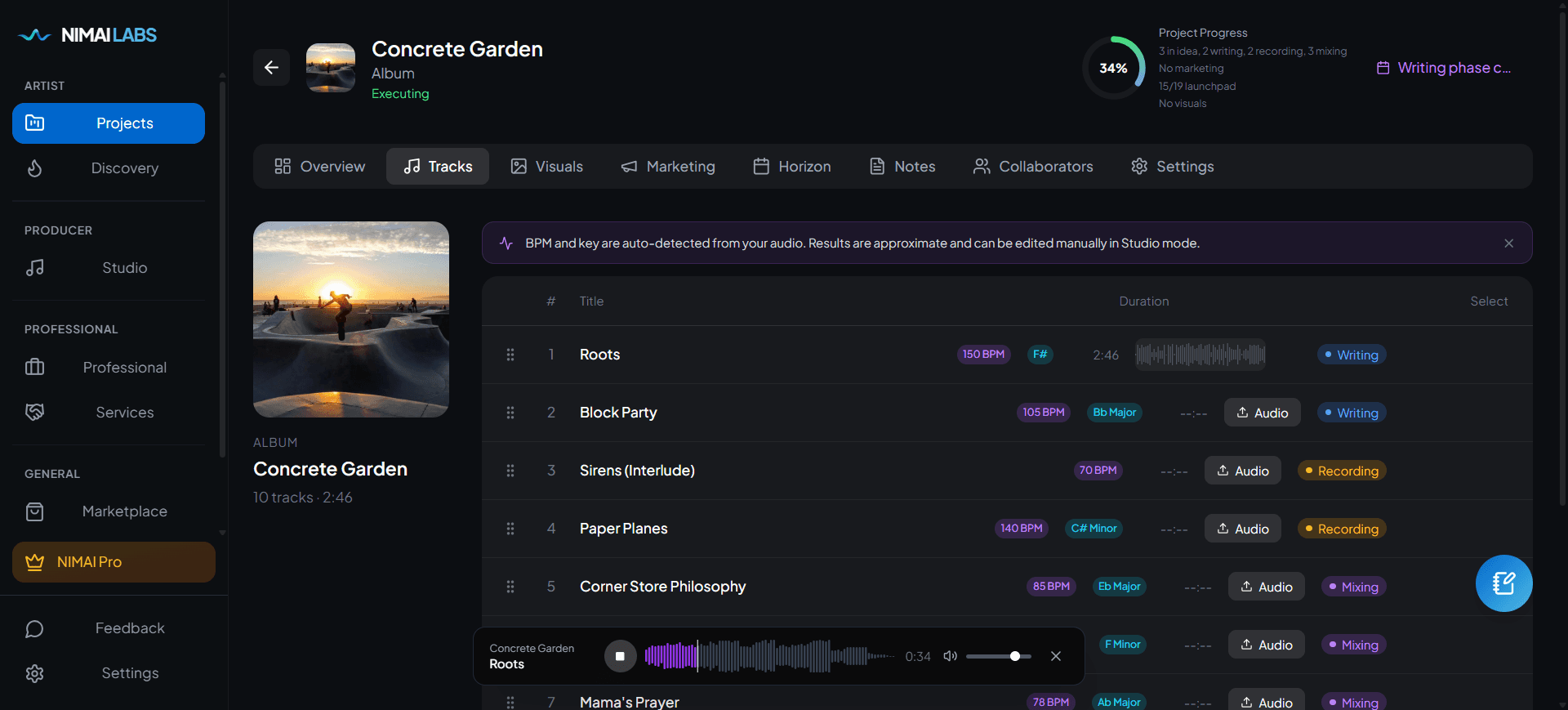 NIMAI Labs track list with BPM, key and production phases
