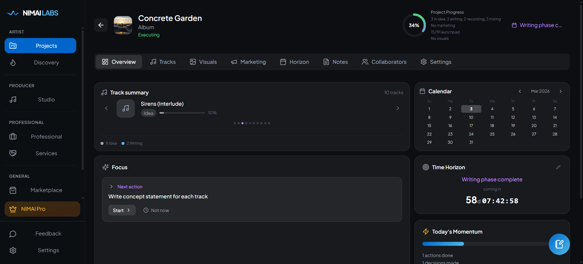 NIMAI Labs dashboard showing a music project with tracks, progress and next action