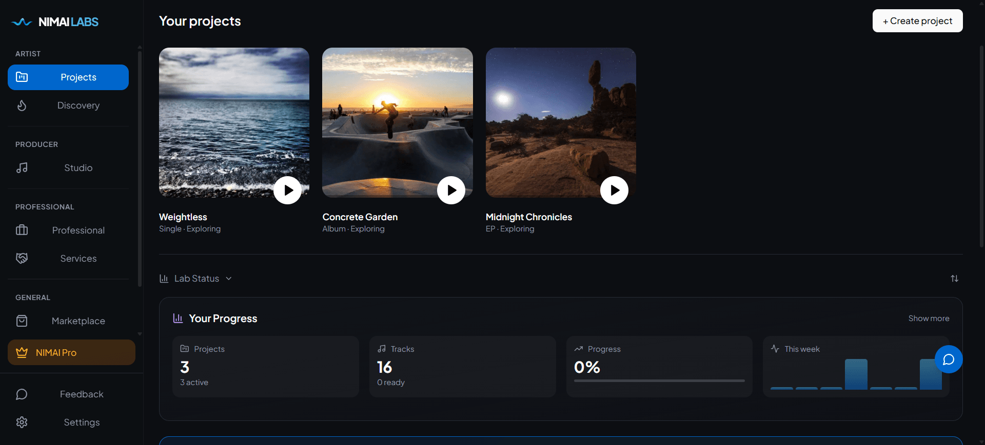 NIMAI Labs projects view with multiple music projects